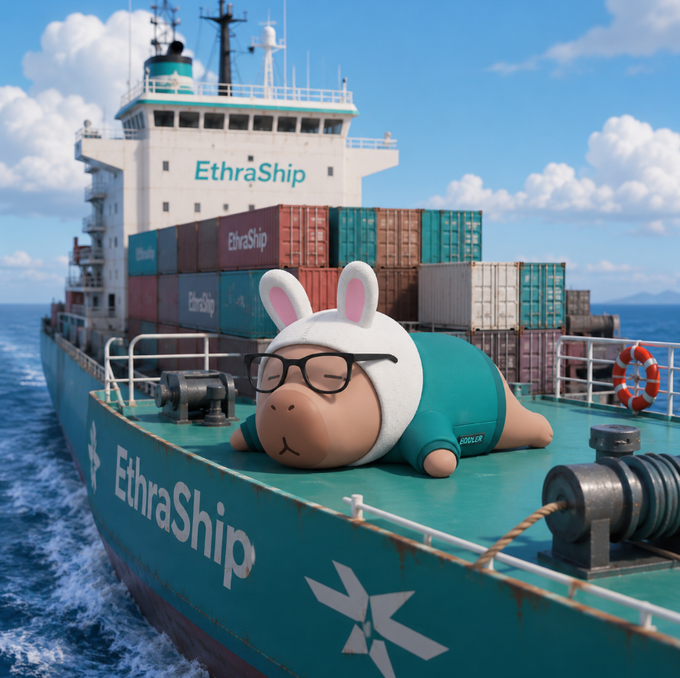 Playful image of a cartoon character in a bunny hat and glasses lounging on the deck of a container ship labeled 'EthraShip'.