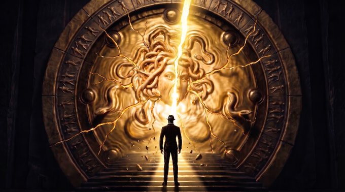 A lone figure stands before a massive, cracked golden seal adorned with the face of Medusa, as a brilliant beam of light breaks through the center, evoking the iconic imagery from The Matrix. The scene conveys the awe and mystery of crossing a threshold into another world, fitting the anticipation for the upcoming NFT art collection mint.