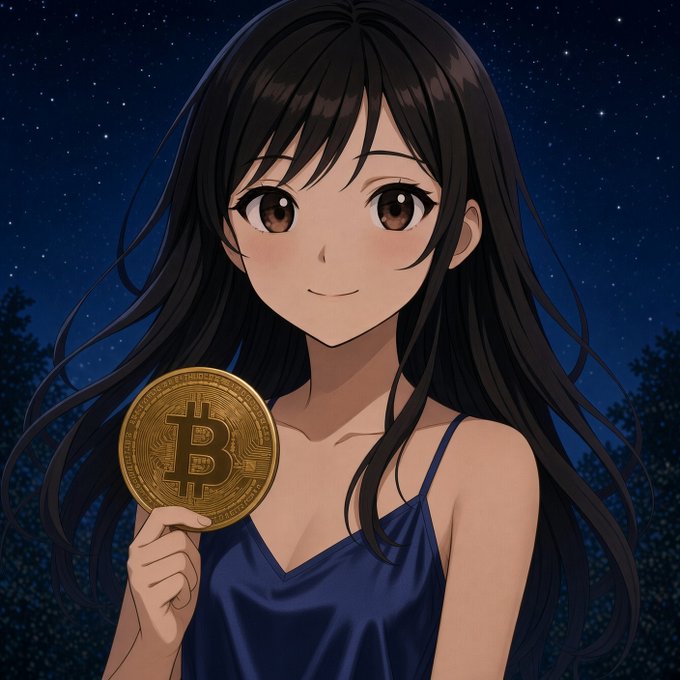 An anime-style illustration of a smiling young woman with long dark hair holding a Bitcoin coin against a starry night sky background.