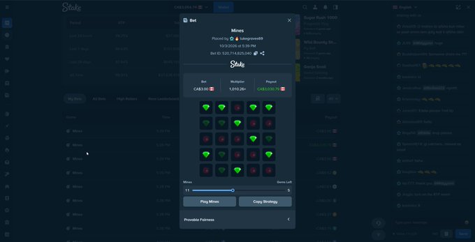 A screenshot of the Stake.com gambling website showing a Mines betting game with a 5x5 grid of gems and bombs, displaying betting amounts and game options.
