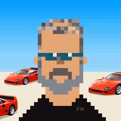 A pixel art portrait of an older man with gray hair, beard, and sunglasses labeled "F56" stands centrally, flanked by three red Ferrari sports cars against a desert backdrop, humorously illustrating the social media post's joke about "CryptoGoros" burning "$2.5 million worth of Ferraris every month."