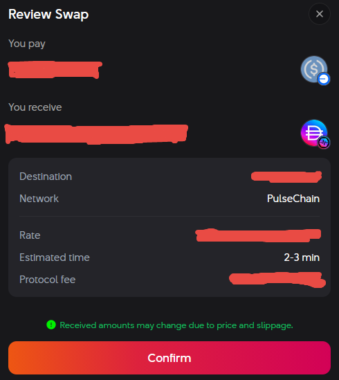 A crypto swap review screen showing a transaction on the PulseChain network with an estimated time of 2-3 min and a Confirm button.