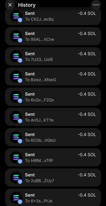 The image shows a transaction history list titled "History" displaying multiple "Sent" entries of "-0.4 SOL" each to various recipients with truncated wallet addresses. This corresponds to the post where the user claims to have sent Solana to several winners and is asking for more people to like and comment to receive money.
