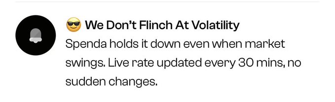 The image shows a testimonial-style graphic with a bold headline reading "😎 We Don't Flinch At Volatility" and body text stating "Spenda holds it down even when market swings. Live rate updated every 30 mins, no sudden changes." Accompanied by a notification bell icon, the graphic reinforces the post's message about Spenda's stable, transparent exchange rates that update every 30 minutes.
