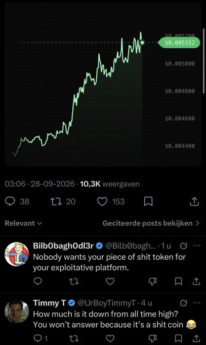 A social media post shows a green upward-trending chart with values like $0.005200 and $0.005152, with comments criticizing the token, including one from @BilbObaghOdl3r saying 'Nobody wants your piece of shit token' and another from @UrBoyTimmyT asking about its drop from all-time high.