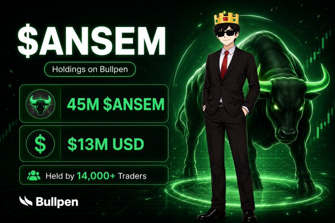 Promotional graphic for "$ANSEM" token on Bullpen platform, showing 45M $ANSEM holdings worth $13M USD held by 14,000+ traders, featuring an anime character in a suit with a crown standing in front of a glowing green bull.
