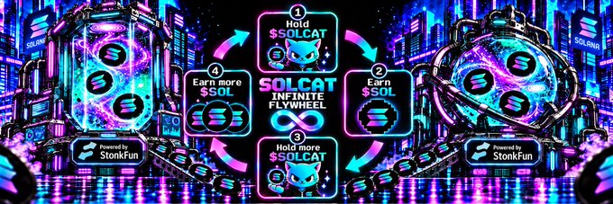 A vibrant, neon-lit banner image for the Solana token $SOLCAT showcases a circular "Infinite Flywheel" mechanism with four numbered steps: 1) Hold $SOLCAT, 2) Earn $SOL, 3) Hold more $SOLCAT, and 4) Earn more $SOL, set against a futuristic cityscape with glowing Solana logos and powered by StonkFun branding.
