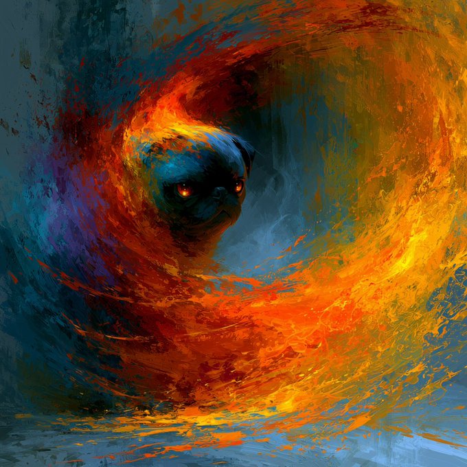 A vibrant, abstract digital painting of a dark, hooded figure with glowing red eyes emerging from a swirling vortex of orange and yellow fire-like energy against a dark background.