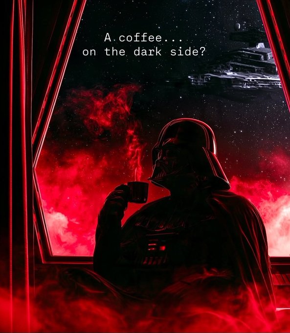 Darth Vader sits in silhouette, sipping coffee against a dramatic red-lit starship view, with the caption "A coffee... on the dark side?" — fittingly matching the post's "GM" (good morning) greeting with a stylish, edgy twist to start a productive day.