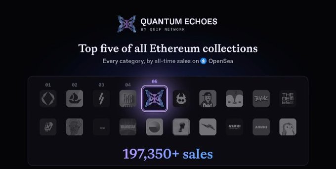 A promotional graphic titled 'QUANTUM ECHOES BY QUIP NETWORK' showing it as the top 5 Ethereum collection on OpenSea with '197,350+ sales'.