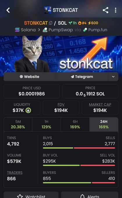 A screenshot of a cryptocurrency tracker showing details for the $STONKCAT token on the Solana blockchain, with a current price of $0.0001986 (0.01912 SOL), $37K liquidity, and a $194K market cap. The image supports the post's claim that $STONKCAT has "just gone live," showing notable 24-hour gains of 169% alongside metrics like 4,792 transactions and 866 traders.