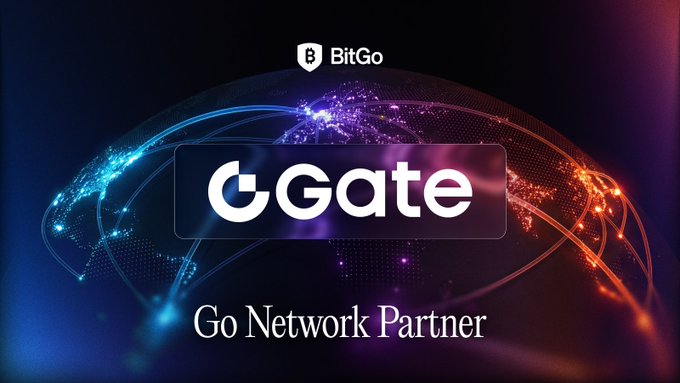 This image features the logo for BitGo in a shield and text in white letters on a digital purple and blue dark background. Bitgo with the logo marked b for bitcoin and rated as partner on the gop network. This is related to the posting made where it states that "@GateUS_Official is now part of BitGo's Go Network Off-Exchange Settlement."