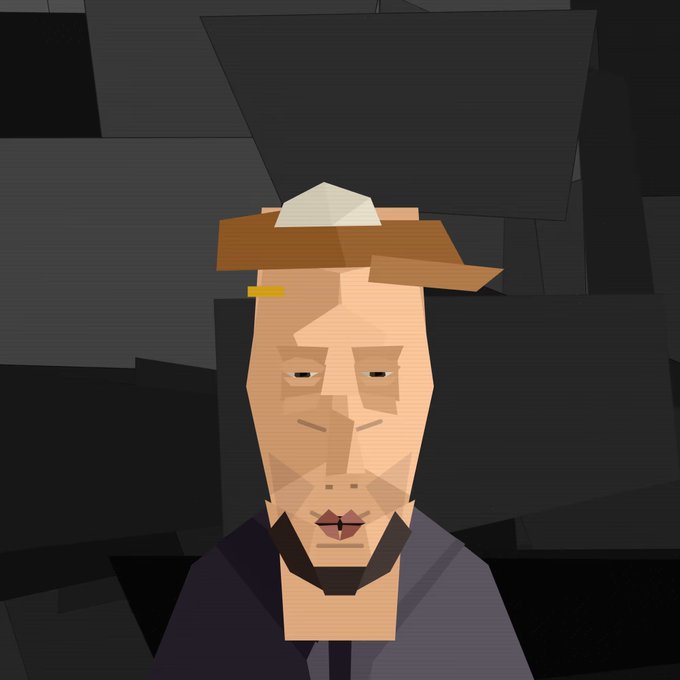 A low-poly style digital illustration of a man's face wearing a brown hat with a white top, set against a dark, blocky background.