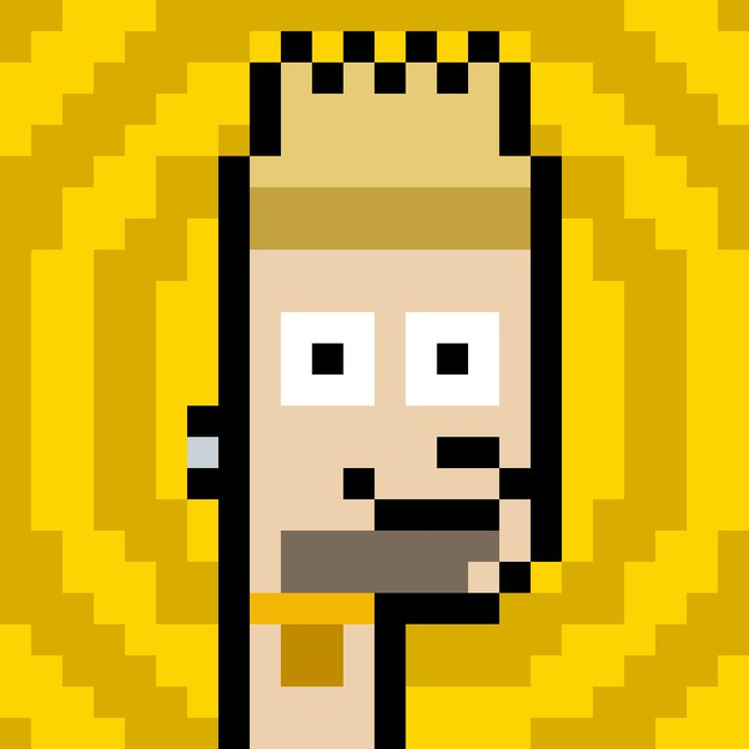 A pixel art portrait of a blonde character with a wide-eyed, slightly dazed expression, framed by a golden pixelated background.