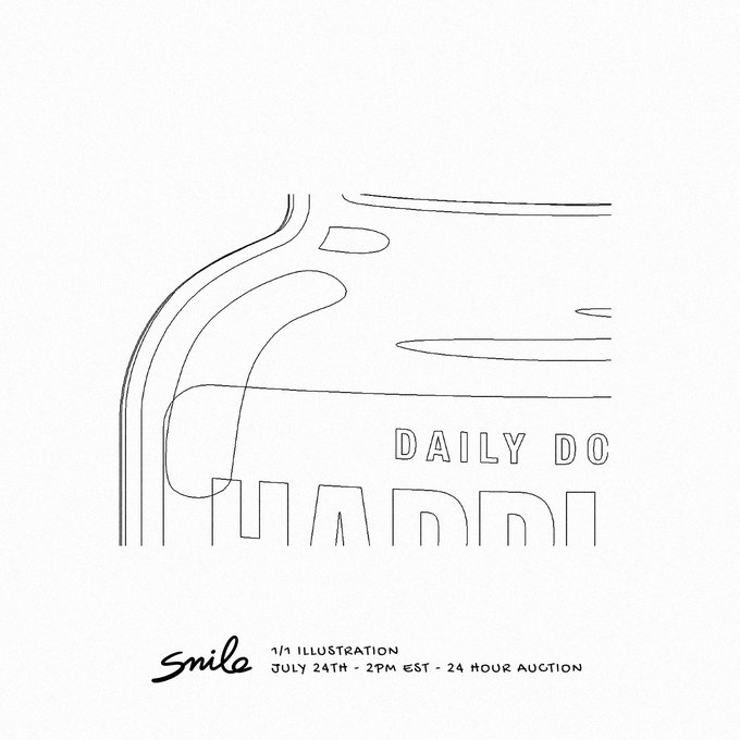 A minimalist line illustration featuring the text "DAILY DC" alongside the word "smile" in handwritten script, promoting a 1/1 illustration auction going live on July 24th at 2PM EST as a 24-hour auction via Transient Labs. The sketch-like artwork complements the announcement of this single-edition NFT piece with a minimum bid of 0.05Ξ.