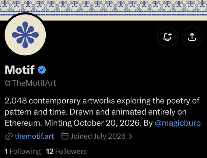 A Twitter profile screenshot for "Motif" (@TheMotifArt) featuring a blue flower emblem, promoting an upcoming NFT collection of 2,048 contemporary artworks by @magicburp minting on October 20, 2026, on Ethereum Mainnet, aligning with the post's details about an early call for whitelist applications.
