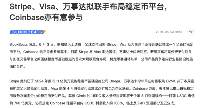 The image shows a screenshot of an article titled "Stipe, Visa, Coinbase" written in English. The text appears to be in Chinese or another foreign language and has a website link provided at the bottom. The focus of this piece is on cryptocurrency news and updates. There are no visible logos or text elements that stand out prominently; however, they can be seen when combined with other information such as the headline and article content within the image.