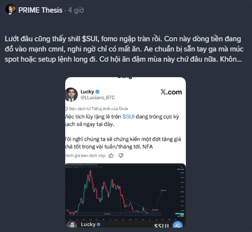A screenshot of a social media post from "PRIME Thesis" discussing cryptocurrency, featuring an embedded tweet from "Lucky" (@LLuciano_BTC) with a candlestick chart showing market trends.