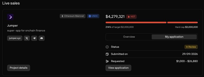 A live sales dashboard for a project called "Jumper" (super-app for onchain finance) on Ethereum Mainnet, showing $4,279,321 raised (214% of target) with status "In review" and requested amount of $1,000 - $26,880.