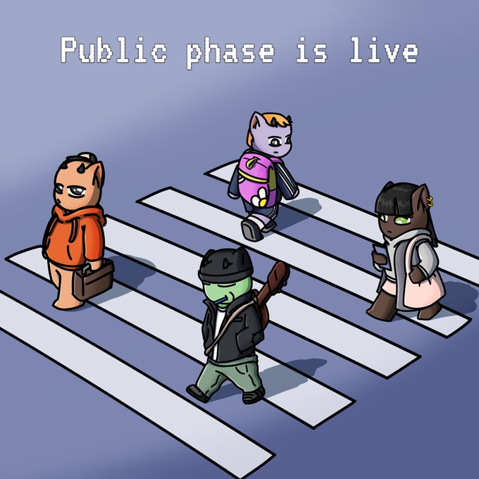 Four anthropomorphic cat characters cross a zebra crosswalk under the pixelated text "Public phase is live," illustrating the announcement that an NFT collection's public mint phase has launched on OpenSea.