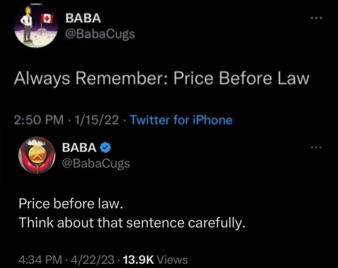 A screenshot of two tweets from BABA (@BabaCugs), the first reading "Always Remember: Price Before Law" (1/15/22) and the second "Price before law. Think about that sentence carefully." (4/22/23, 13.9K Views). The repeated phrase reinforces the post's emphasis that market price movements lead and outweigh legal or regulatory considerations, aligning with the "buy the rumor, sell the news" trading adage.