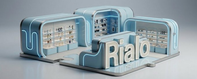 A 3D render displays a futuristic, light blue retail kiosk branded 'Rialo' featuring glowing accents and shelves stocked with merchandise.