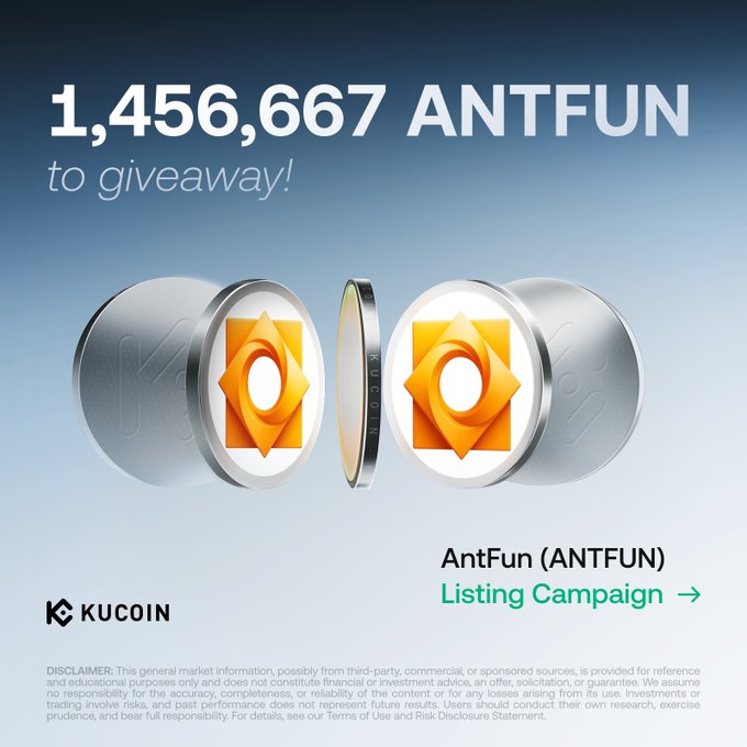 A KuCoin promotional graphic announces "1,456,667 ANTFUN to giveaway!" featuring 3D renderings of AntFun coins, directing users to the "AntFun (ANTFUN) Listing Campaign." The image aligns with the post's announcement of a dual-activity giveaway (1,190,667 + 266,000 ANTFUN) celebrating the token's KuCoin listing.