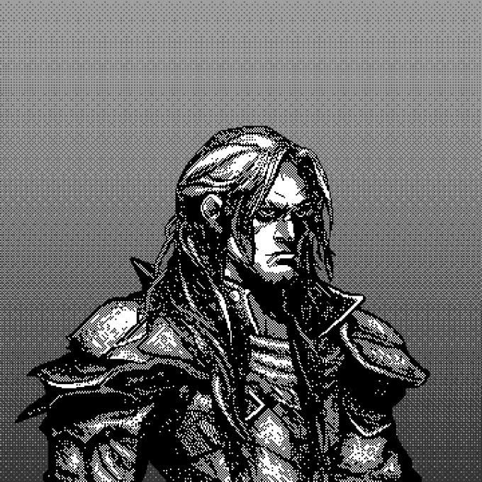 A stylized black-and-white pixelated illustration depicts a stern, long-haired warrior in spiked armor with goggles on his forehead.