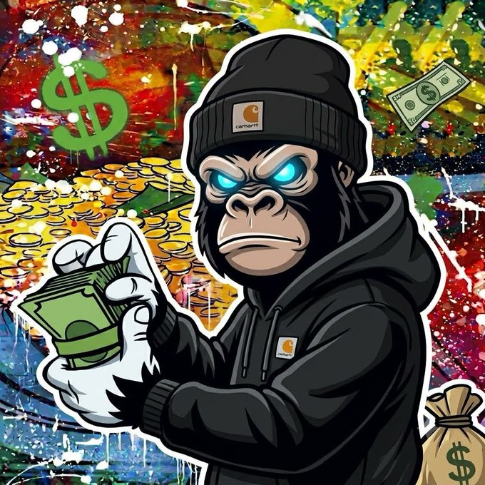 The image features a stylized graffiti art of a gorilla wearing a Carhartt beanie and hoodie, holding stacks of cash with eyes glowing blue, set against a vibrant paint-splattered background with dollar signs and money bags. This aligns with the post promoting a live gambling stream on Stake via Kick, where tips are directed to a specific username, reflected in the "juicer calls = tips" theme.