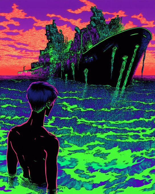 A vibrant, neon-colored illustration of a person looking out at a green-lit shipwreck sinking into glowing waters against a purple and orange sky.