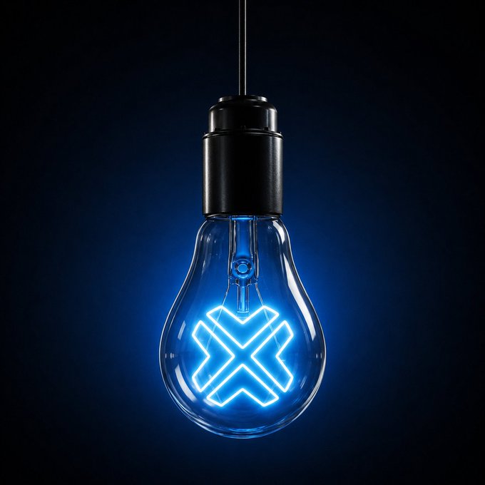 A clear glass lightbulb hangs from a black cord against a dark blue background, with a glowing blue "X" filament inside. The illuminated bulb and "X" symbol visually reinforce the post's "light on" message.