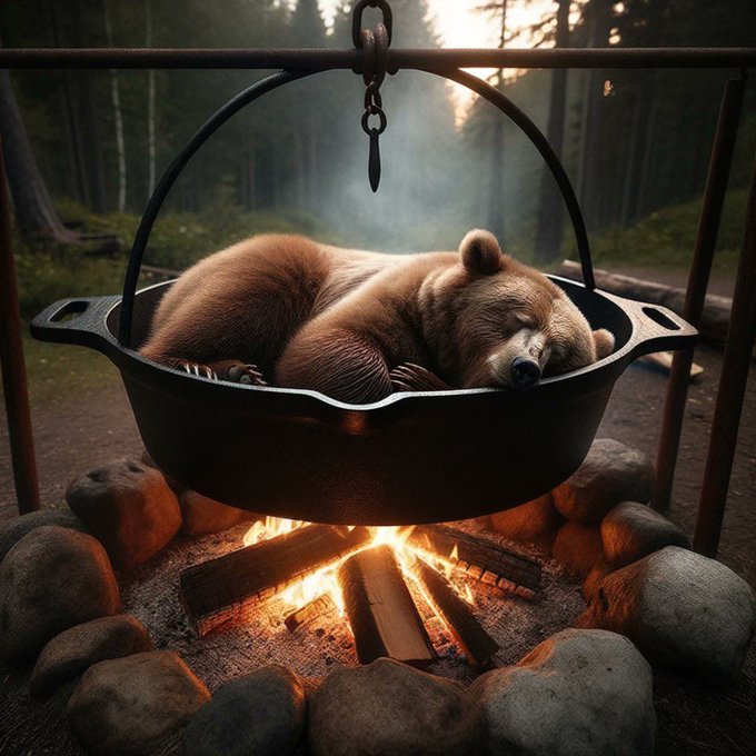 A bear sleeps peacefully inside a cauldron suspended over a campfire in a forest, illustrating the post's metaphor of bears repeatedly attempting to drive Bitcoin below $80k only to face an inevitable short squeeze.