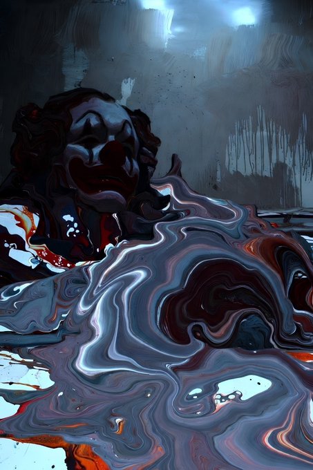 A dark, abstract, fluid-like digital painting with swirling blue, white, and red tones surrounding a shadowy face resembling a clown or mask.