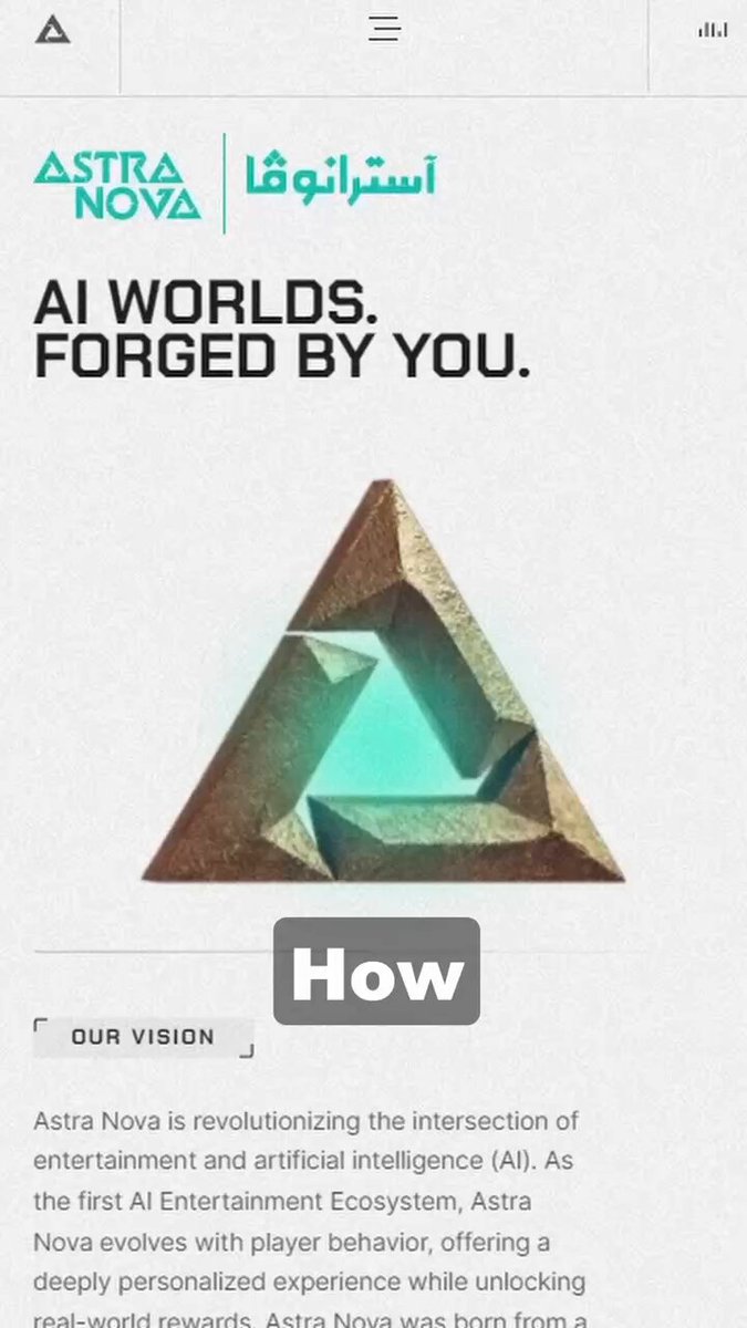 The image shows an Astra Nova website with a triangle logo displayed prominently on its screen. The text on the website reads "AI worlds. Forged by you." This suggests that the site is promoting AI technology or services, possibly related to entertainment or artificial intelligence.