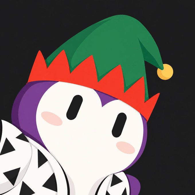A digital illustration of a cute character wearing a green and red elf hat with a yellow bell, featuring a white round face with small black eyes and purple cheeks against a black background.