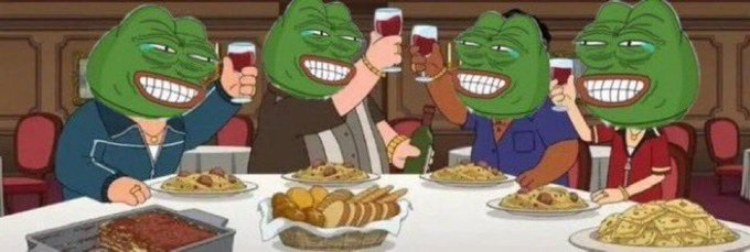 Four cartoon frogs with wide grins sit around a table laden with pasta and lasagna, raising glasses of red wine in a toast. The image humorously pairs with the post about airdrops, depicting the frogs as crypto enthusiasts celebrating their next free token grab with a lavish feast.