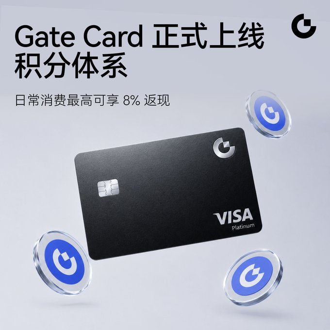 A promotional image featuring a black Gate Card (Visa Platinum) surrounded by floating blue Gate logo tokens, with the Chinese text "Gate Card 正式上线积分体系" (Gate Card Points System Officially Launched) and "日常消费最高可享 8% 返现" (Up to 8% cashback on daily purchases). The visual reinforces the post's announcement about the new points system, highlighting the physical card design and the branded tokens that represent the redeemable rewards.