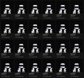 A sprite sheet showing a small pixelated character in a white lab coat in multiple animation frames on a black background.