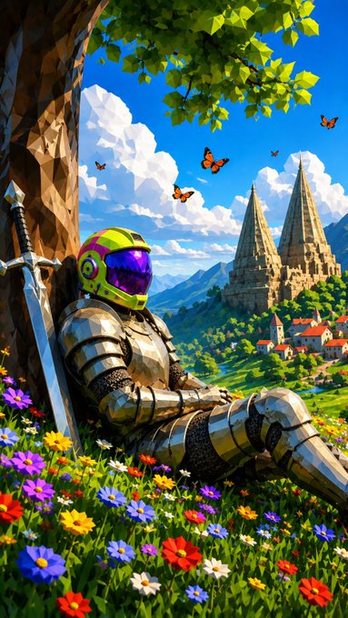 A digital illustration depicts a knight in metallic armor with a vibrant purple and green helmet, resting against a tree trunk with a sword nearby, set in a colorful meadow with castles in the background.