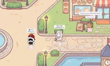 A screenshot from the game Hello Kitty Island Adventure showing a character named Mime through bubbles on 'Welcome Island' asking 'Check out our daily sales today?' with a 'Recent Customers' sign nearby.