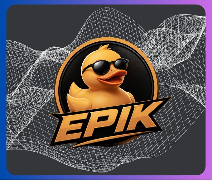 A promotional logo for 'EPIK' featuring a cartoon duck wearing sunglasses on a black and orange badge with a wireframe background.