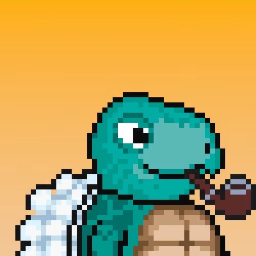 Pixel art illustration of a green dinosaur or turtle character smoking a pipe while holding a mug of beer against a solid orange background.