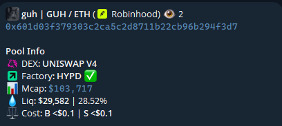 Crypto tracking interface showing a token called "guh | GUH / ETH" on Robinhood, listed on DEX Uniswap V4 with a market cap of $103 and liquidity of $29,582.