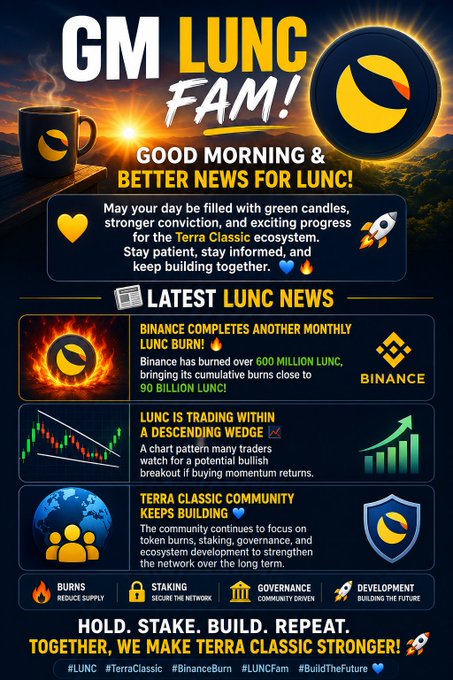 A promotional graphic titled 'GM LUNC FAM!' featuring the Terra Classic (LUNC) cryptocurrency logo, highlighting Binance completing another monthly burn of over 600 million LUNC, a descending wedge chart pattern, and community building, with hashtags including #LUNC, #TerraClassic, and #BuildTheFuture.