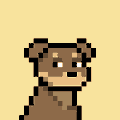 Pixel art of a brown bear-like character on a pale yellow background.