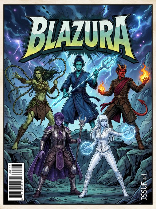 A comic book cover titled "BLAZURA" Issue #1 displays a group of five fantasy characters, including a green-skinned archer, a water mage, a fire-wielding tiefling, a purple-armored warrior, and a white-clad spellcaster.