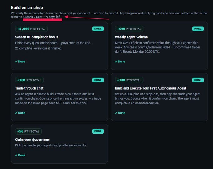 A 'Build on amahub' dashboard with an arrow pointing to 'Closes 9 Sept — 9 days left', showing completed quests including Season 01 completion bonus (+1,000 pts) and Weekly Agent Volume (+600 pts).