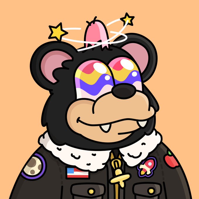 A cartoon illustration of a black bear character with rainbow-colored dizzy eyes, a pink tongue sticking out, stars circling its head, and wearing a bomber jacket adorned with various patches.