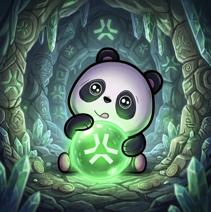 A cartoon panda character sits in a crystal cave holding a glowing green orb marked with the neon sign logo 'NEON'.