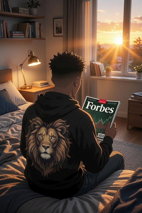 An animated scene shows a person from behind sitting on a bed, reading a 'Forbes' magazine while wearing a black hoodie featuring a large lion graphic, with a sunset visible through the window.